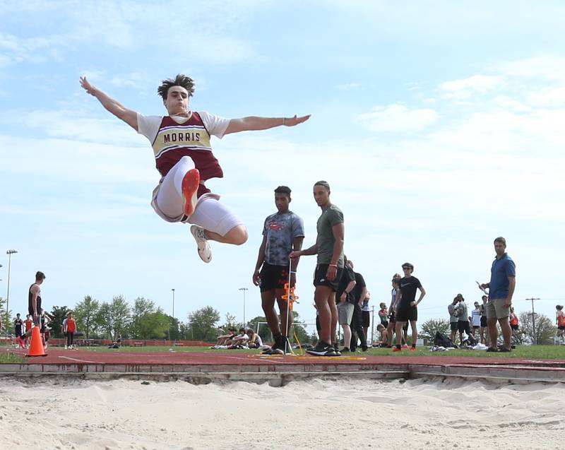 Morris's Broc Grogan competes in the I-8 boys track conference championship on Thursday, May 11, 2023 at the L-P Athletic Complex in La Salle.