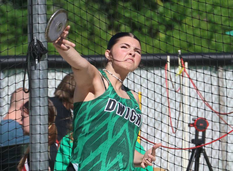 Dwight's Kailyn Haggard throws discus during the Class 1A Sectional meet on Thursday, May 14, 2026 at Seneca High School.
