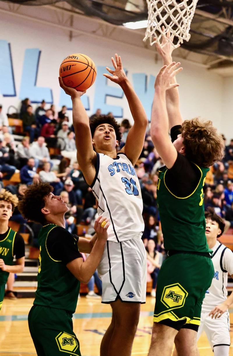Bureau Valley's Dakari Martin powers up Friday against Abingdon-Avon at the Storm Cellar. A-Town won 47-45.