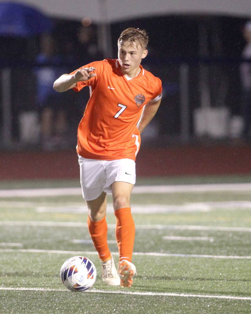 St. Charles East’s Logan Lewarchick kicks the ball during a Tri-Cities Night game against St. Charles North at St. Charles North on Thursday, Sept. 21, 2023.