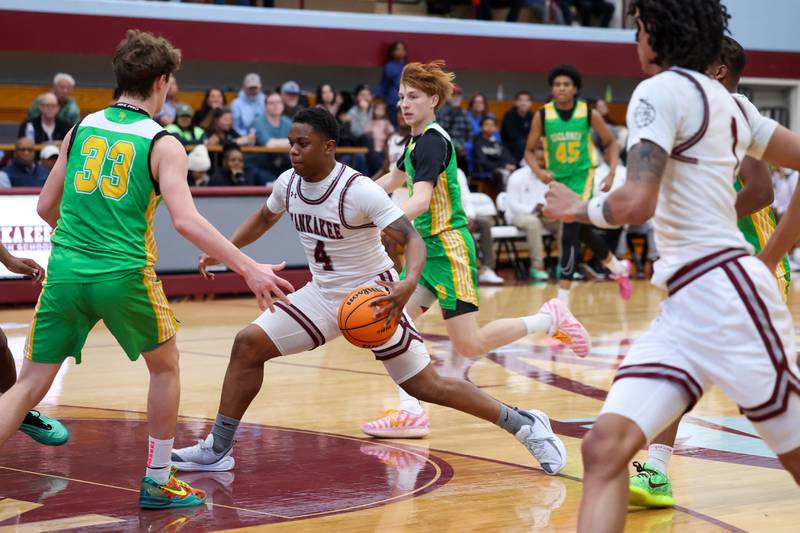Kankakee's Myair Thompson drives into the lane during the Kays' 83-44 victory over Chicago Ag in the 75th Kankakee Holiday Tournament opening round on Friday, Dec. 26, 2025.