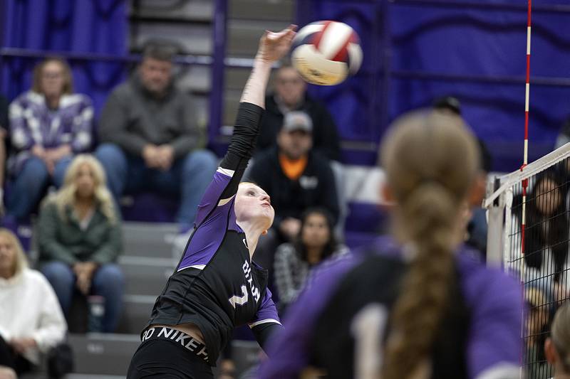 Dixon’s Madyson Tichler hammers a shot against Rochelle Monday, Oct. 28, 2024, during regional play in Dixon.