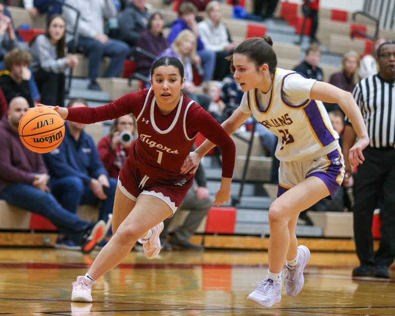 Plainfield North's Mia Gonzalez (1) drives past the defense during their Regional Final basketball game between Downers Grove North at Plainfield North. Feb 20, 2025 in Plainfield.