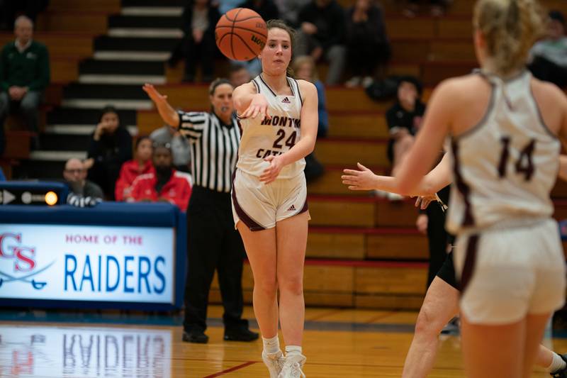 Montini’s Peyton Farrell (24) passes the ball against Providence during the 3A Glenbard South Sectional basketball final at Glenbard South High School in Glen Ellyn on Thursday, Feb 23, 2023.