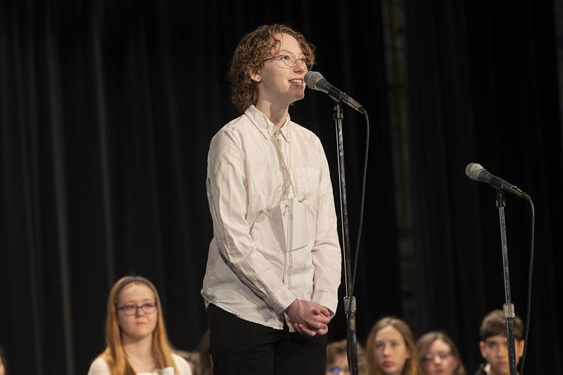 East Coloma-Nelson 8th grader Jake Andrzejewski competes Thursday, Feb. 21, 2024 at the Lee-Ogle-Whiteside regional spelling bee. Andrzejewski made it to the top four missing out on the word “caustic.”