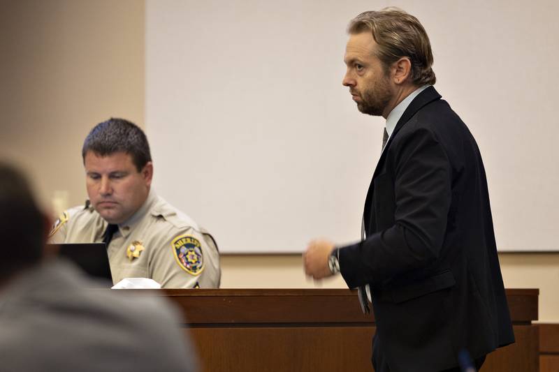 Defense attorney Chris Carraway cross examines Ogle County sheriff's deputy Justin Diehl Wednesday, Aug. 20, 2025, during a hearing for Jodie Wiederkehr.