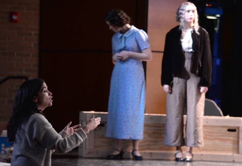 Lyons Township play director, Kirsten Manthei guides her students during the rehearsal of Radium Girls Sunday, Oct. 27, 2024.