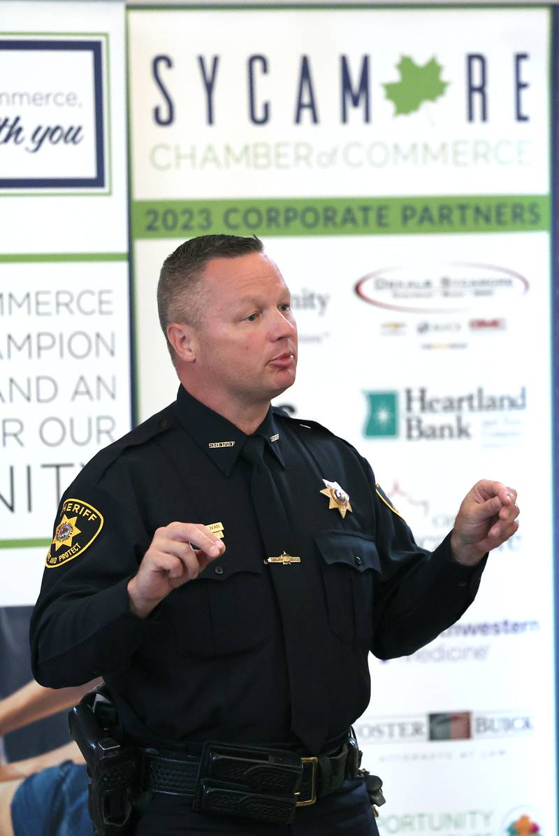 DeKalb County Sheriff Andy Sullivan speaks Wednesday, Sept. 13, 2023, during the Community Protection and Well-Being Forum: A Conversation about the Safe-T Act, in the DeKalb County Community Foundation Freight Room in Sycamore. The event was hosted by the Sycamore Chamber of Commerce.