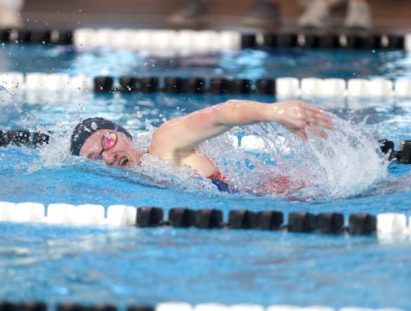 Oswego’s Katie Gresik competes in the 500-yard freestyle championship heat during the IHSA Girls State Swimming and Diving Championships at the FMC Natatorium in Westmont on Saturday, Nov. 11, 2023.