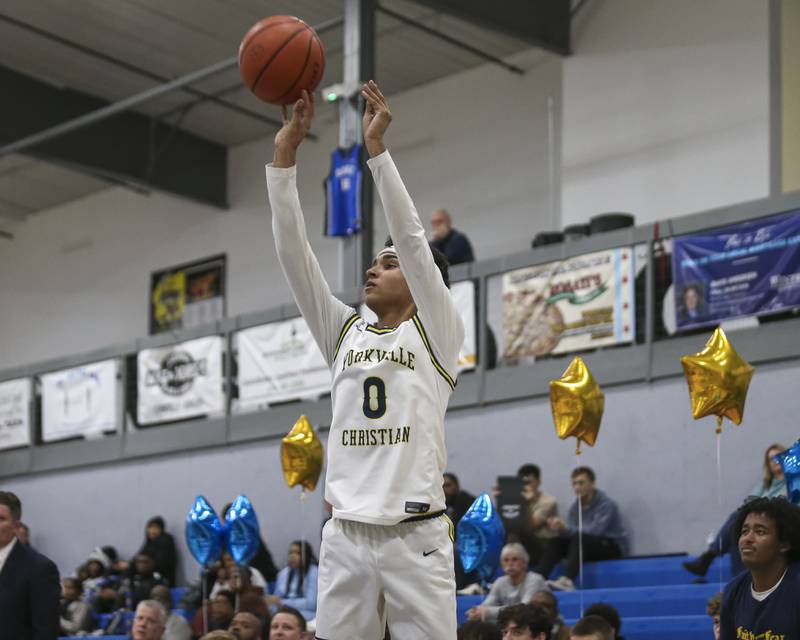Yorkville Christian's Blake Wells (0) shoots a jump shot during their basketball game between Christ the King at Yorkville Christian, Feb 6, 2026 in Yorkville.