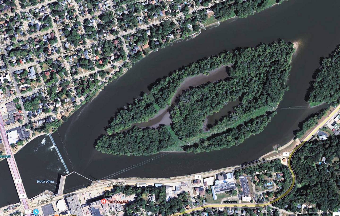 This aerial view from Bing Maps shows the extent of water coverage of the island.