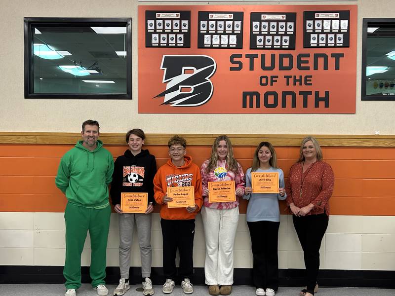 Byron High School Students of the Month for September were recently named. Pictured from left to right are BHS Principal Andrew Donaldson, Aias Dufoe (ninth grade),  Pedro Lopez (10th grade), Raven Fritsche (11th grade), Avril Silva (12th grade), and Stillman Bank Retail Office Manager Renae Stevens. Each of the students received a gift card for their achievement.