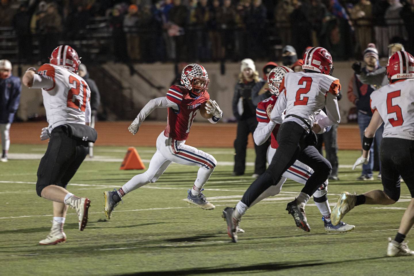 West Central’s Kaiden Droste picks up big yards Friday, Nov. 18, 2022 in the 8-man championship football game against Amboy.