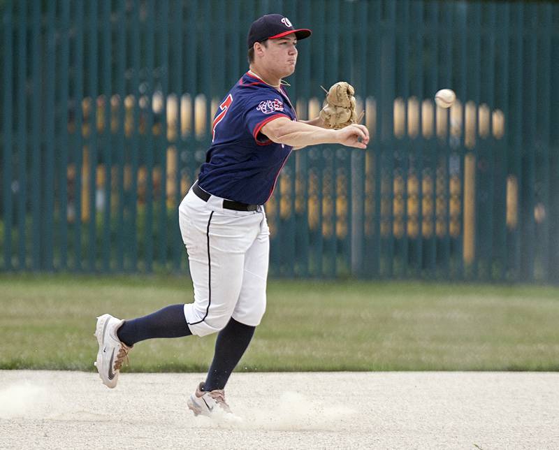 Jaime Milner of the Whiteside Wildcats semi-pro team throws to first for an out against Palmer Wednesday, July 19, 2023.