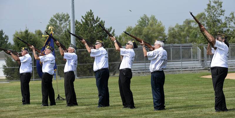 Members of the Peru American Legion fire a salute Saturday, Aug. 26, 2023, closing out the ceremony at Veterans Memorial Park in Peru honoring those who are remembered for their ultimate sacrifice on the Vietnam Traveling Memorial Wall.