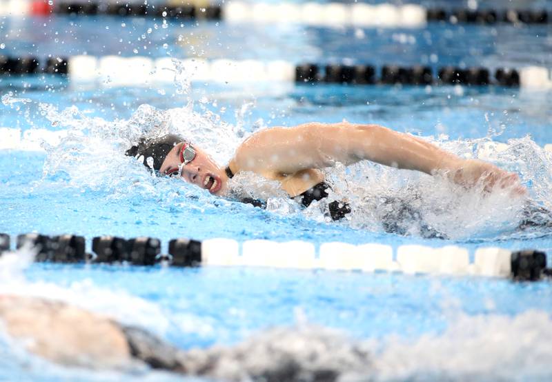 Rosary’s Becky Rentz competes in the 100-yard freestyle championship heat during the IHSA Girls State Championships on Saturday, Nov. 16, 2024 at FMC Natatorium in Westmont.