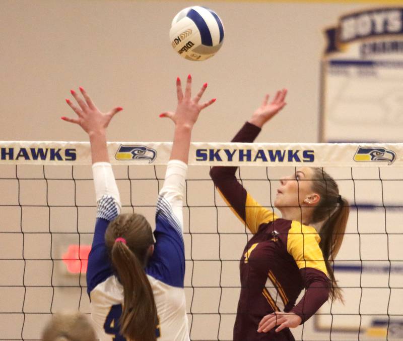 Richmond-Burton’s Daniella Hopp prepares to hit the ball in varsity girls volleyball at Johnsburg High School in Johnsburg on Thursday, August 25, 2025.
