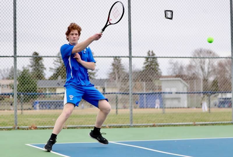 Princeton's Reid Orwig makes a return in doubles play against Coal City Tuesday.