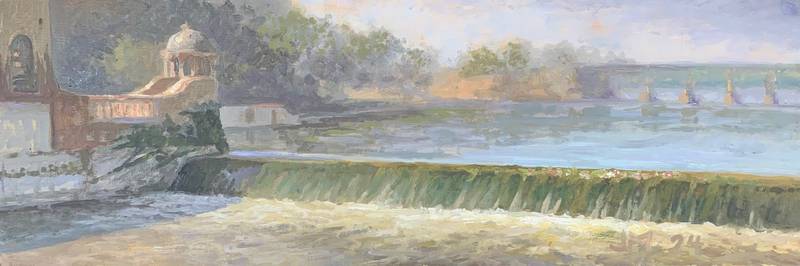 California based plein air artist John Paul Marcelo's "St. Charles Dam" depicts the downtown landmark from the Main Street (Route 64) bridge.