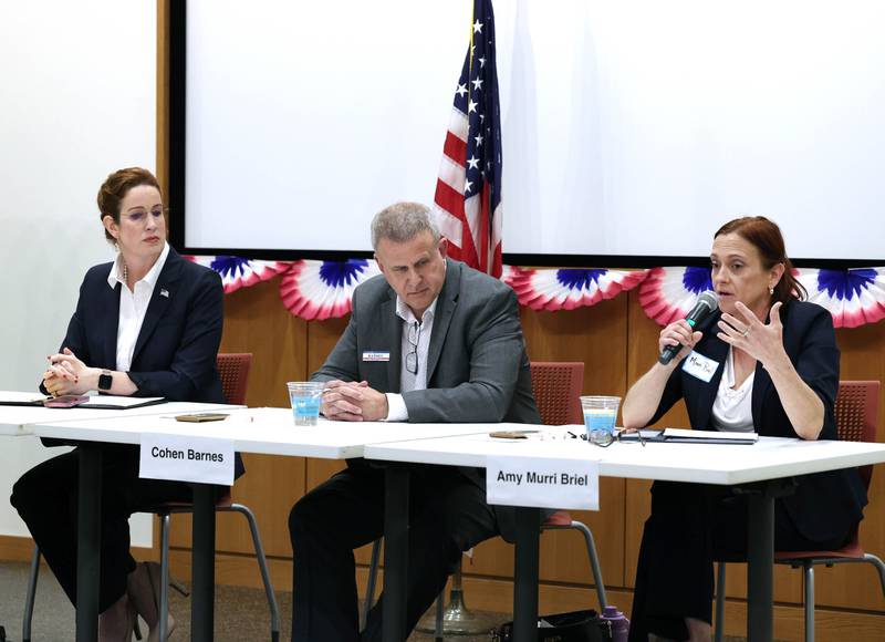 Democratic candidates, Carolyn Zasada, (left) Cohen Barnes and Amy Murri Briel, (right) all vying for the nomination for the 76th district seat in the Illinois House of Representatives, answered questions Saturday, Feb. 3, 2024, in a meet the candidates forum at the DeKalb Public Library. The forum was organized by DeKalb Stands and co-sponsored by the DeKalb County Democrats.