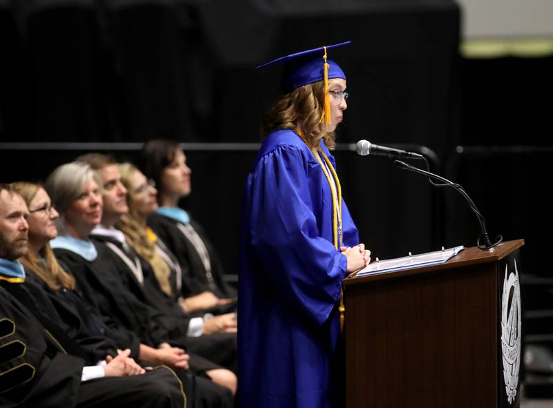 St. Charles North graduate Julia Fifer gives the academic address during the school’s commencement ceremony at the Northern Illinois University Convocation Center in DeKalb on Monday, May 23, 2022.