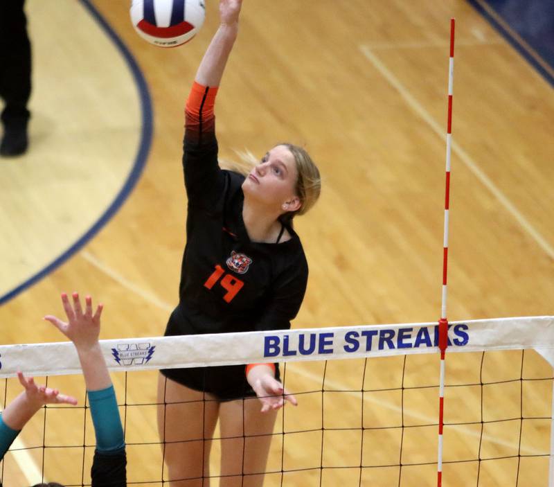 Crystal Lake Central’s Alexis Hadeler hits the ball against Woodstock North in IHSA girls volleyball Class 3A Regional action at Woodstock High School in Woodstock on Thursday, October 30, 2025.