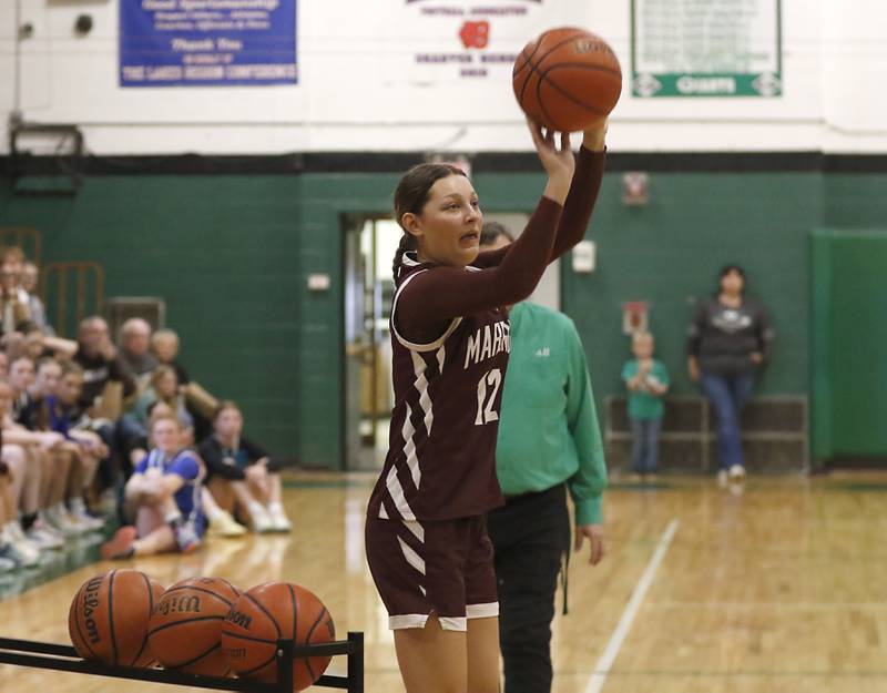 Marengo's Gabby Gieseke fires of a three-point shot on her way to winning the three-point shooting contest during the girl’s game of McHenry County Area All-Star Basketball Extravaganza on Sunday, April 13, 2025, at Alden-Hebron’s Tigard Gymnasium in Hebron.