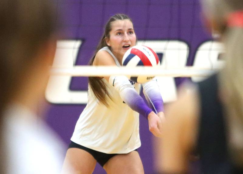 Hampshire’s Megan Spenk passes the ball against Libertyville in an IHSA volleyball Class 4A Sectional Championship at Hampshire High School in Hampshire on Thursday, November 6, 2025.