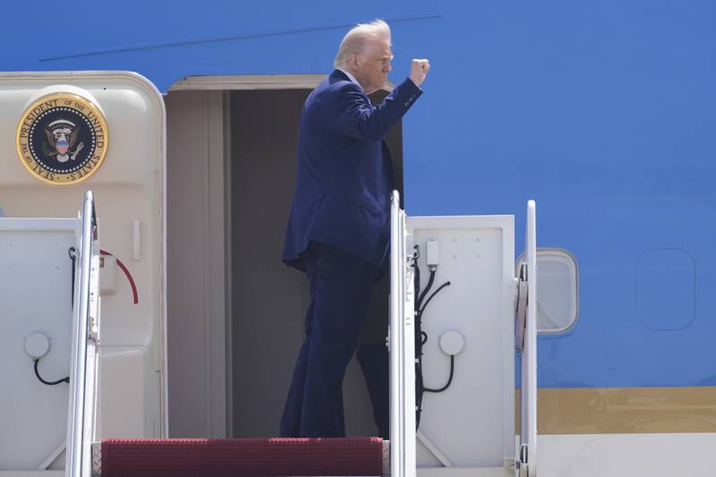 President Donald Trump boards Air Force One at Joint Base Andrews, Md., on his way to Riyadh, Saudi Arabia, Monday, May 12, 2025. (AP Photo/Manuel Balce Ceneta)