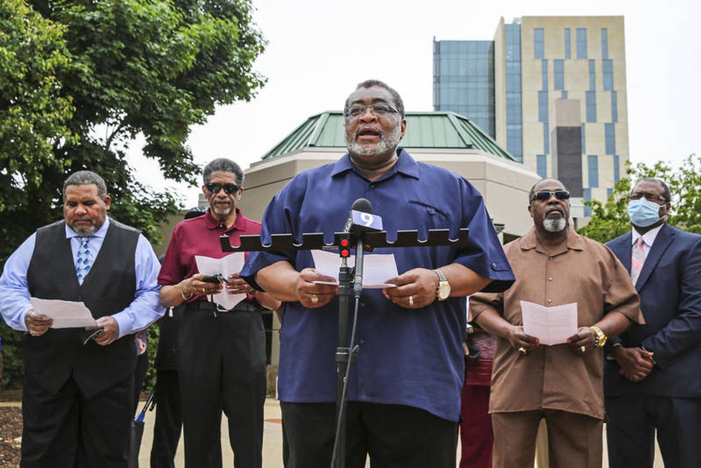 Pastor Warren Dorris speaks to the media Wednesday, Jun. 3, 2020, during a press conference addressing the physical actions taken by Mayor Bob O'Dekirk against a protestor during a demonstration Monday night in Joliet, Ill.