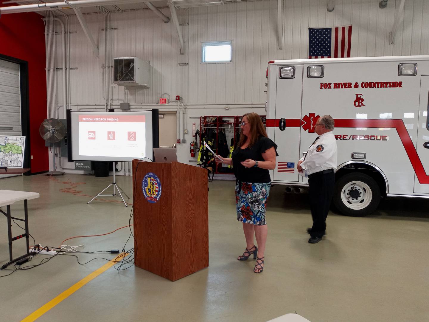 Fox River and Countryside Fire Rescue District Board President Kristin LeBlanc and Fire Chief Bert Lancaster host a presentation on the district’s $13 million bond referendum. The district is asking for voter support on the June 28 primary ballot so it can pay off its outstanding debt, buy new equipment and build a third fire station.