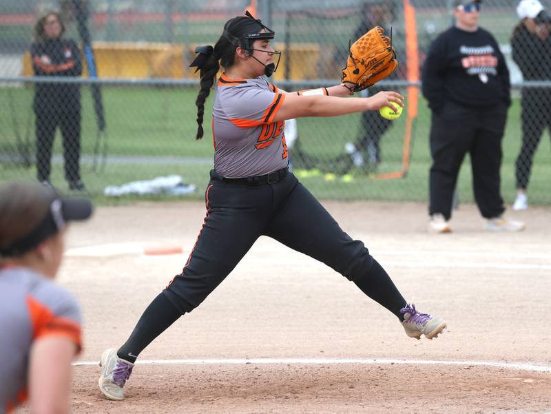 DeKalb's Jasmine Rodriguez delivers a pitch Tuesday, May 19, 2026, during their Class 4A regional game against Harlem at DeKalb High School.