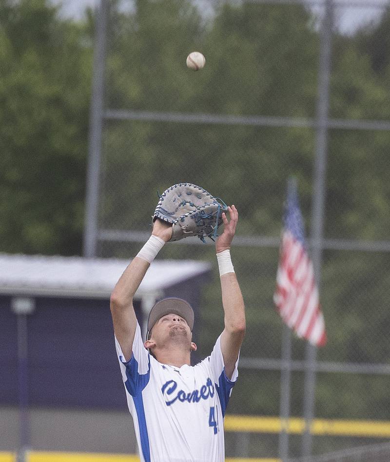 Newman’s Drake Cole camps under a pop-up against Marengo Wednesday, May 28, 2025, in the Class 2A Sectional semifinal in Mendota.