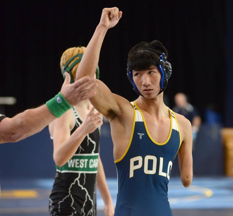 Polo-Forreston's Lucas Nelson wins a bout at the Polo Wrestling Invitational on Saturday, Jan. 11, 2025 at Polo High School. Nelson recorded his 100th win this week and was recognized for his accomplishment during Saturday's home invitational.