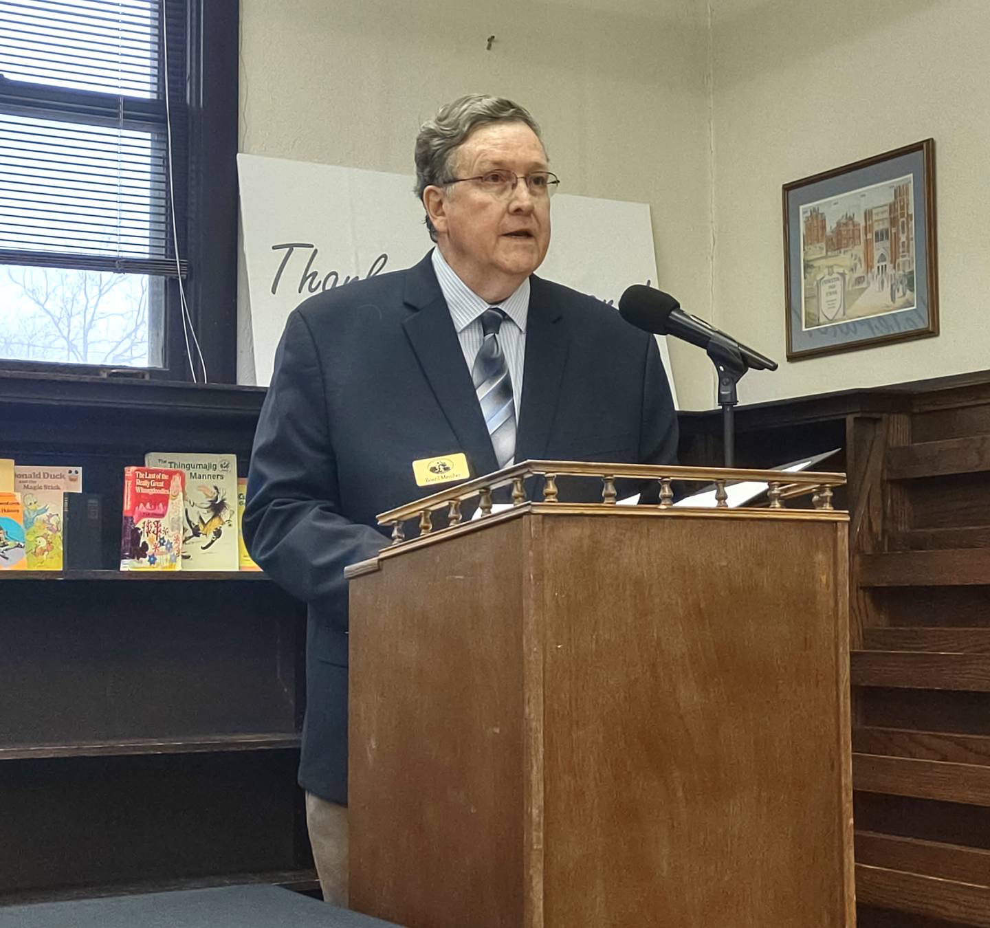 Jim Dunn, president of the Bureau County Historical Society, speaks during an open house March 22, 2024, at the former Matson Public Library in Princeton. The library building will be part of the Bureau County History Center campus.
