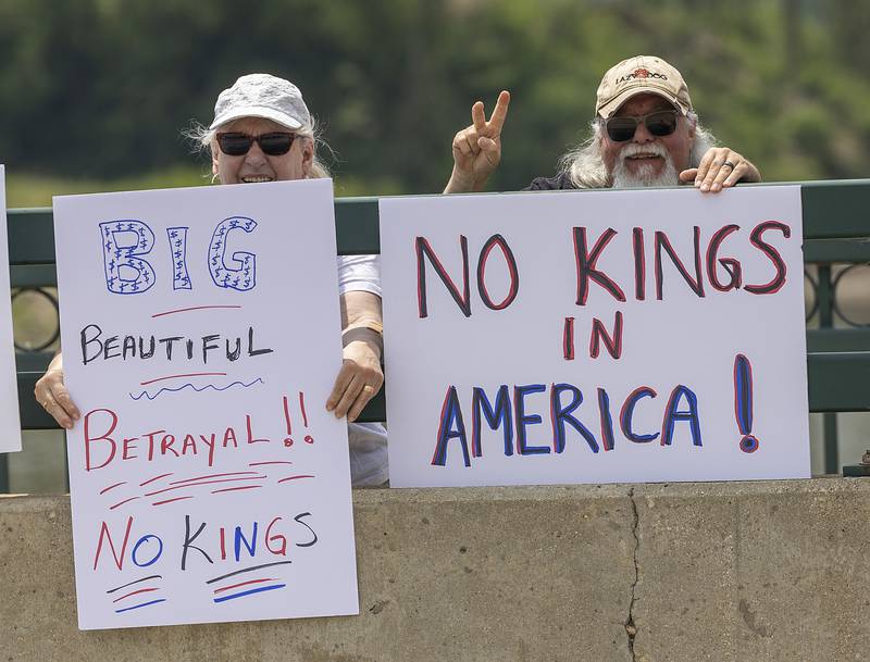 Protesters in Dixon join a nationwide No Kings protest Saturday, June 14, 2025. The anti-Trump gathering lined both sides of the Peoria Avenue Bridge.