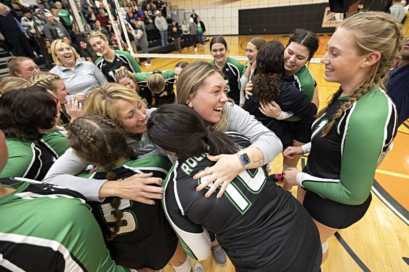 The Rock Falls volleyball team celebrates after beating Chicago Christian in two sets Friday, Nov. 3, 2023 in the class 2A volleyball supersectional in Sandwich.