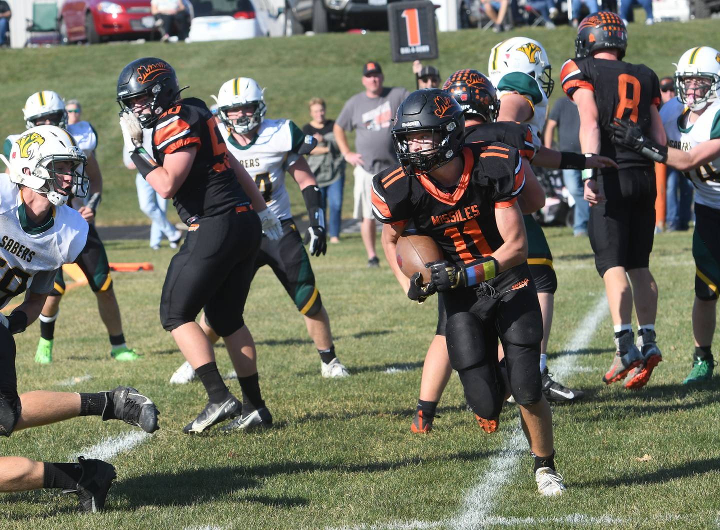 Milledgeville's Bryce Aude sets his sights on the end zone as he scores during second half action against St. Thomas More in 8-man football on Saturday, Oct. 22. The Missiles won the game 46-6.