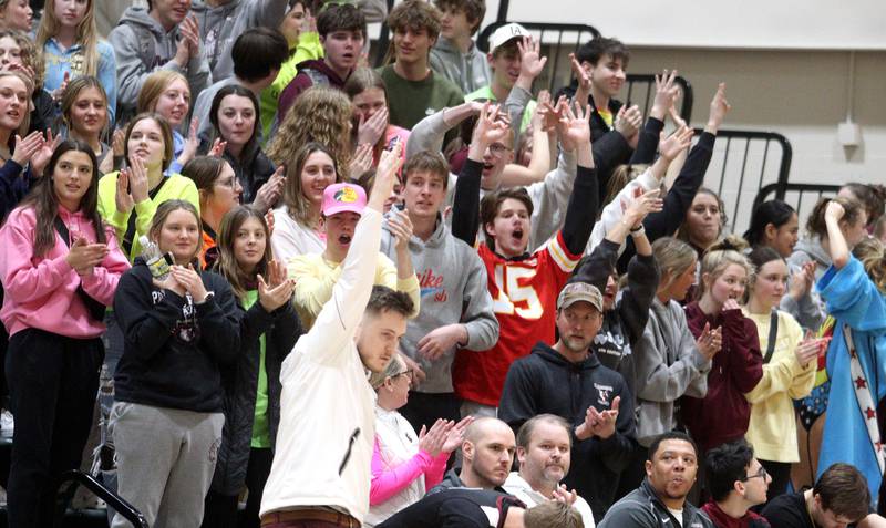 Prairie Ridge fans get revved up as the Wolves take an early lead in varsity boys basketball at Crystal Lake South Friday night. The Wolves won the game over the host Gators 66-53.