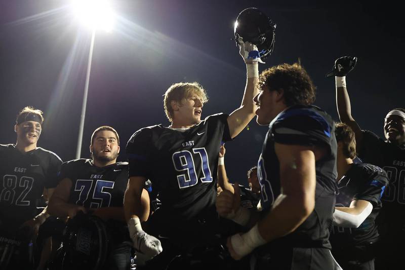 Lincoln-Way East’s Caden O’Rourke (91) celebrates a win over Batavia. Friday, Sept. 2, 2022, in Frankfort.