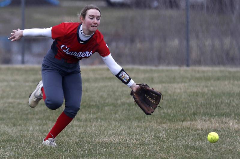 Dundee-Crown’s Annabelle Pederson tries to get to the ball during a Fox Valley Conference softball game Monday, April 4, 2022, between Cary-Grove and Dundee-Crown at Cary-Grove High School.