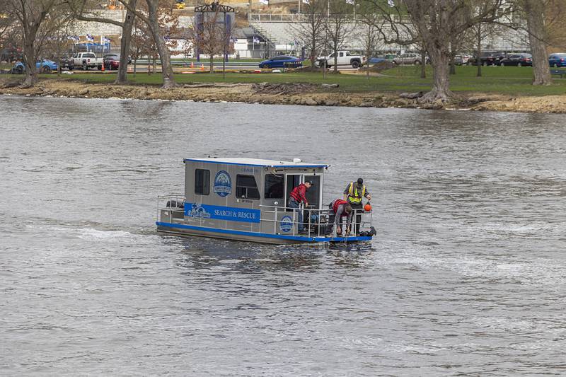 Search squads check the Rock River in Dixon Tuesday, April 14, 2026, after an individual jumped over the railing off of the Peoria Avenue Bridge late Monday night.