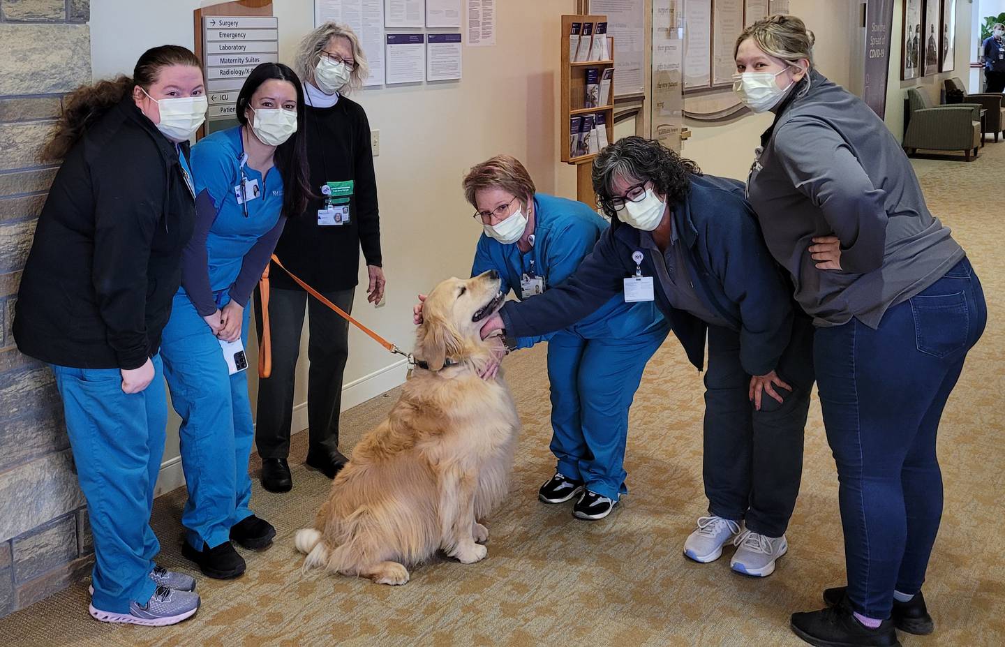 Northwestern Medicine Valley West Hospital staff members enjoying a visit from therapy dog O’Mally during National Rural Health Day.