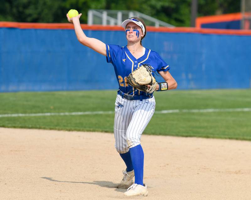 Wheaton North's Reagan Crosthwaite (21) throws to first base for an out during the sectional semifinal game against Weaton Warrenville South held on Thursday June 5, 2025, held at Oswego High School.