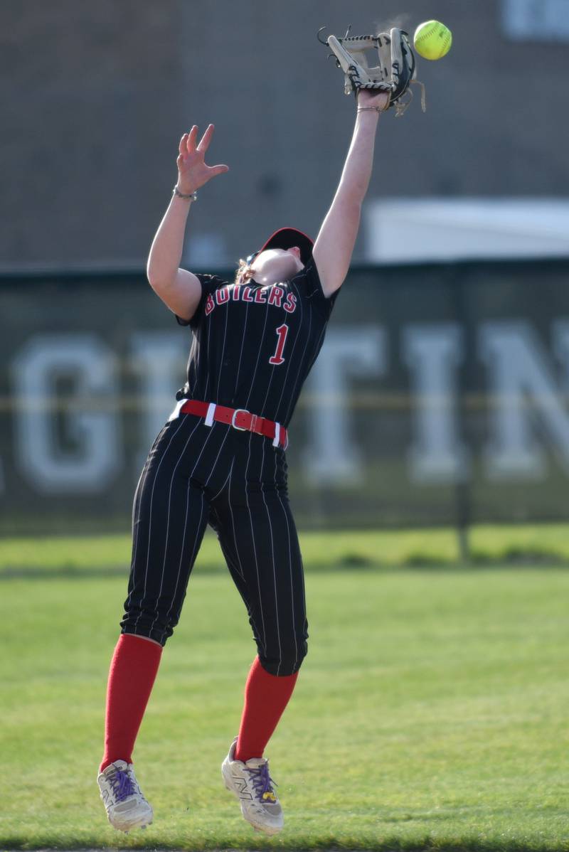 Bradley-Bourbonnais' Elise Munsterman has a pop up go just past her outstretched glove during a game at Bishop McNamara Thursday, May 8, 2026.