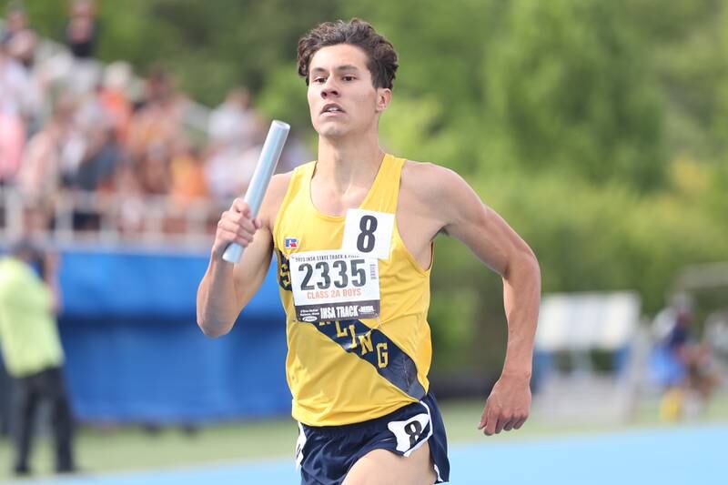 Sterling’s Thomas Holcomb heads to the finish in the Class 2A 4x400 Meter Relay State Finals on Saturday, May 27, 2023 in Charleston.