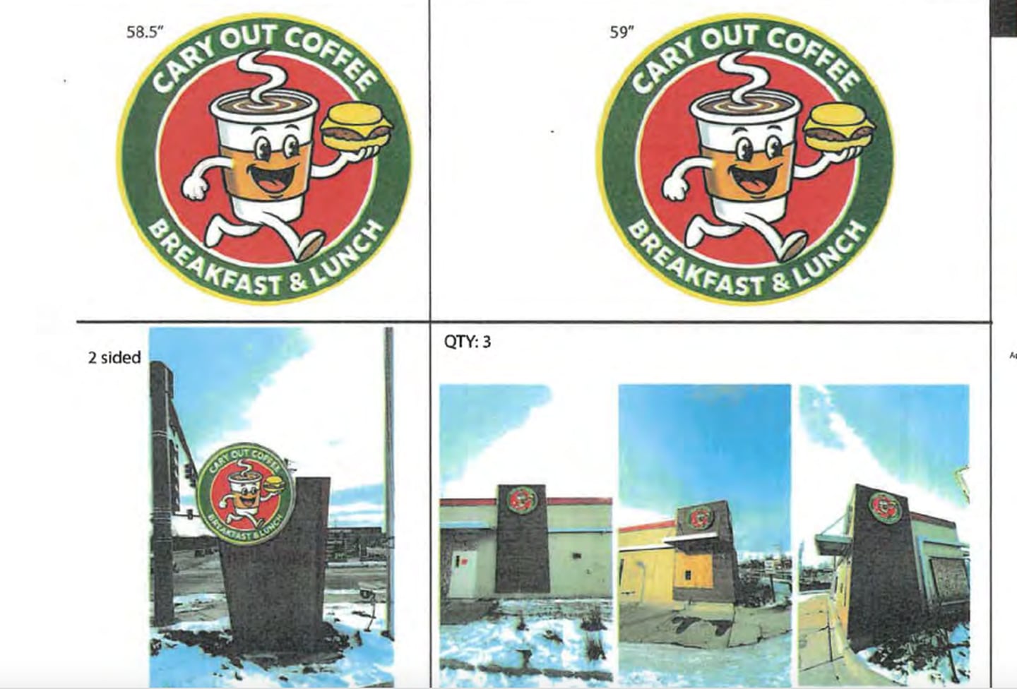 A rendering of the new signs for Cary Out Coffee, which will replace the former Burger King drive-thru at 62 Northwest Highway, Cary.