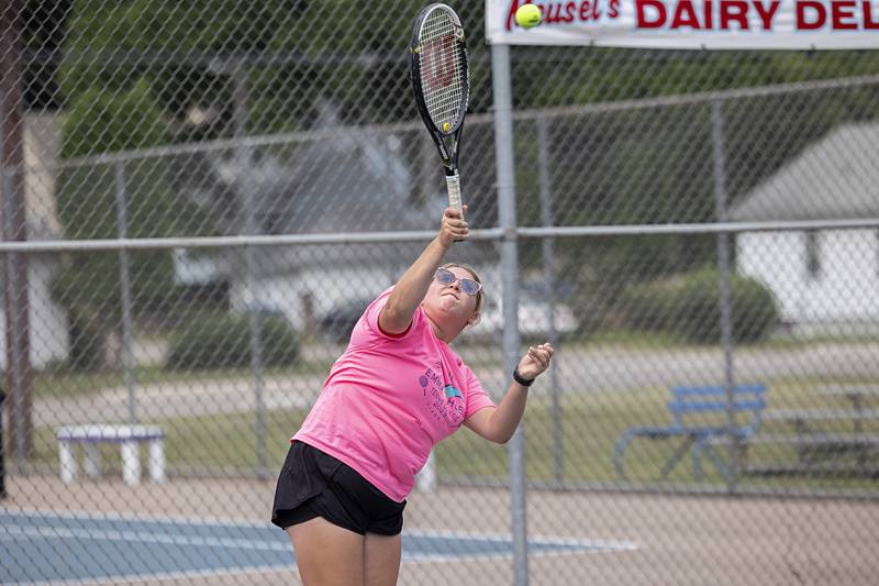 Emily Beattie returns a shot during a doubles match Thursday, July 27, 2023 at the Emma Hubbs Tennis Classic in Dixon.