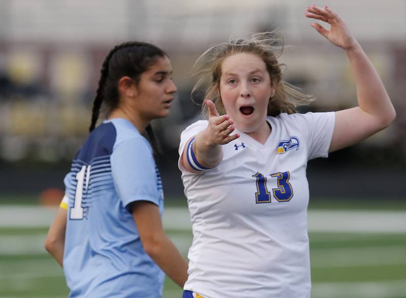 Johnsburg's Mackenzie McOuiston lobbies for a corner kick during a IHSA Division 1 Richmond-Burton Sectional semifinal soccer match against Willows Tuesday, May 16, 2023, at Richmond-Burton High School.