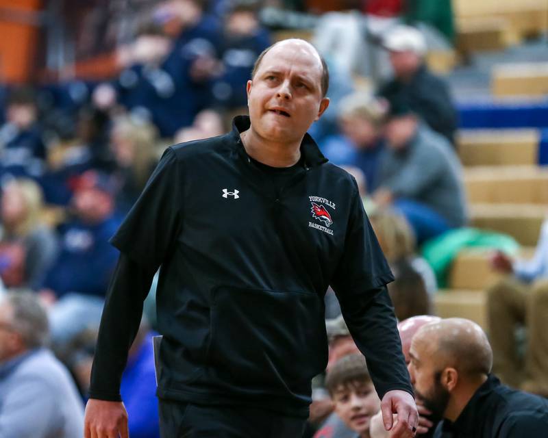Yorkville's head coach John Holakovsky looks on during their basketball game between Yorkville at Oswego, Tuesday Dec 10, 2024 in Oswego.
